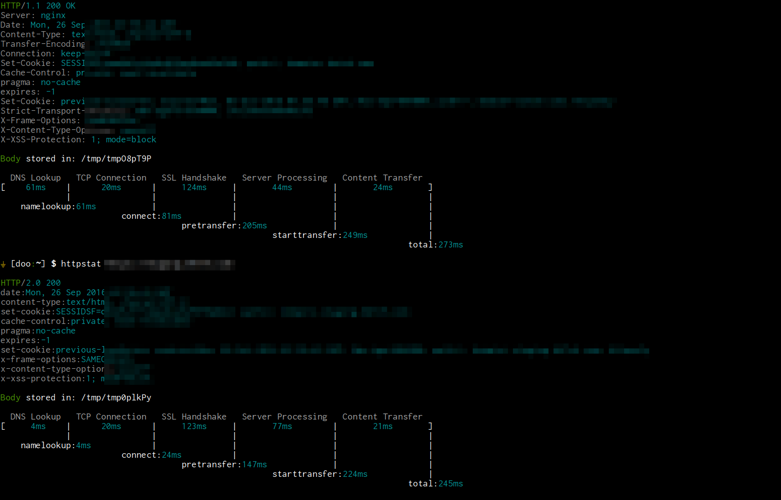 screenshot of loading tests with httpstat